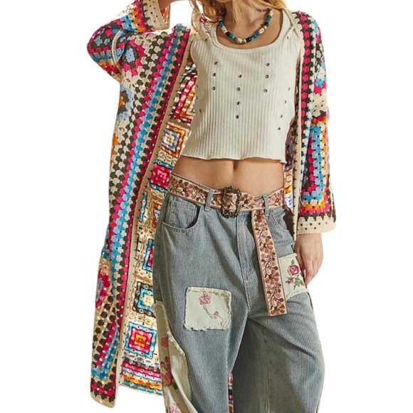 POL Sweaters - New POL Multicolor Crochet Long Cardigan One Size